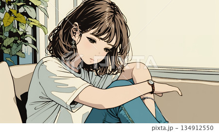 腹痛（生理痛）に苦しむ若い女性 134912550