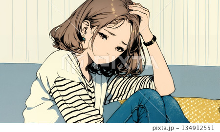 腹痛（生理痛）に苦しむ若い女性 134912551