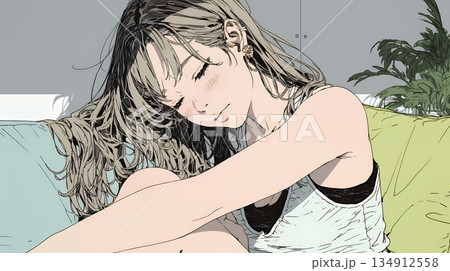 腹痛（生理痛）に苦しむ若い女性 134912558