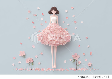 花びらに包まれた花嫁｜やさしいペーパーカットのウェディングイラスト 134912671