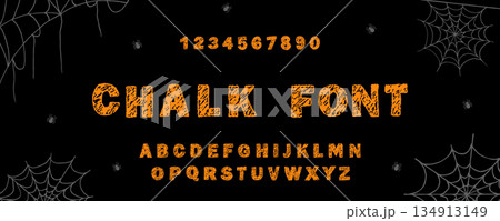 English alphabet crayon. Scary Halloween font. Playful and childlike typescript. Funky chalk texture for party, invitation. Vector illustration 134913149