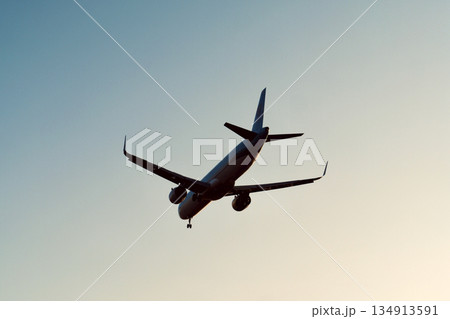 「冬の夕暮れ」着陸体制で新千歳空港へ向かう機影 134913591