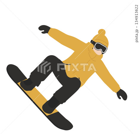 黄色いウェアのスノーボーダー単体イラスト(ジャンプ) 黄色いウェアのスノーボーダー単体イラスト(ジャンプ) 134913622