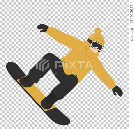 黄色いウェアのスノーボーダー単体イラスト(ジャンプ) 黄色いウェアのスノーボーダー単体イラスト(ジャンプ) 134913622