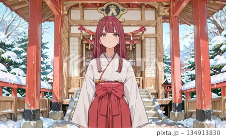 神社で働く巫女のイラスト 134913830