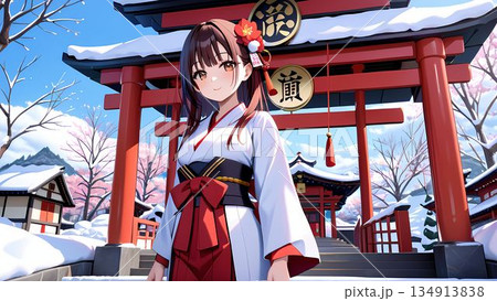 神社で働く巫女のイラスト 134913838