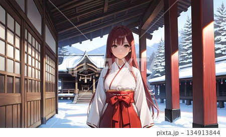 神社で働く巫女のイラスト 134913844