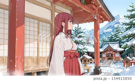 神社で働く巫女の横顔のイラスト 134913850