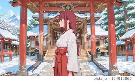 神社で働く巫女の横顔のイラスト 134913860