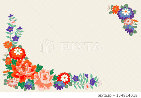 和柄背景 七宝文様と花のフレーム 上品でやさしい生成り色 134914018