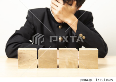 無地のブロックと悩む男子学生 134914089