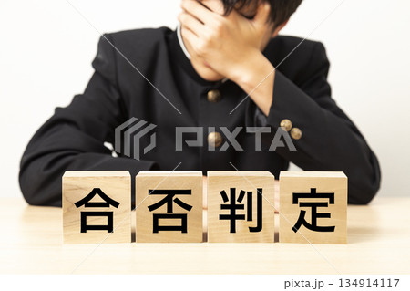 「合否判定」と書かれたブロックと悩む男子学生 134914117