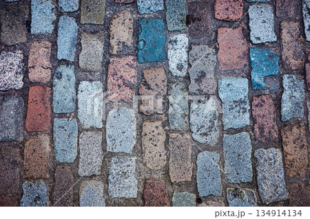 Colorful Cobblestone Pavement Texture in Old Town Street 134914134