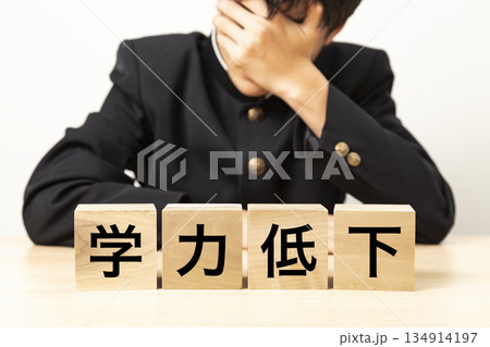 「学力低下」と書かれたブロックと悩む男子学生 134914197