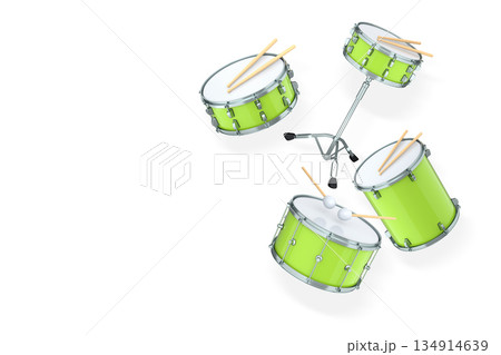 Set of drums and drumset with metal cymbals on white background 134914639