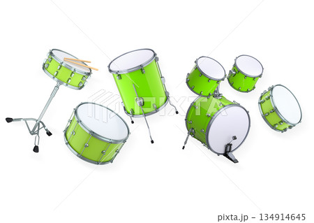 Set of drums and drumset with metal cymbals on white background Set of drums and drumset with metal cymbals on white background 134914645