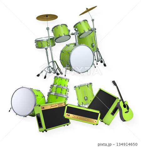 Set of electric acoustic guitars and drums with cymbals on white background 134914650