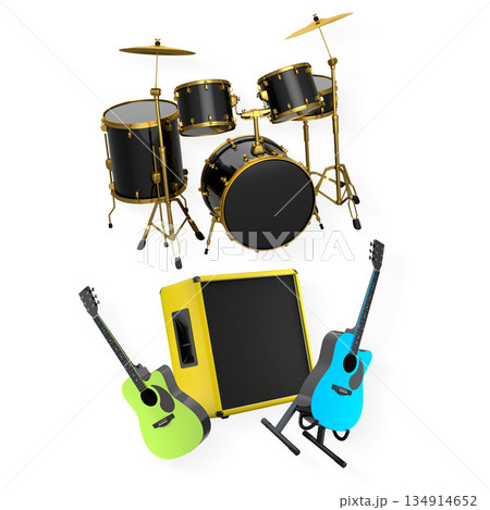 Set of electric acoustic guitars and drums with cymbals on white background Set of electric acoustic guitars and drums with cymbals on white background 134914652