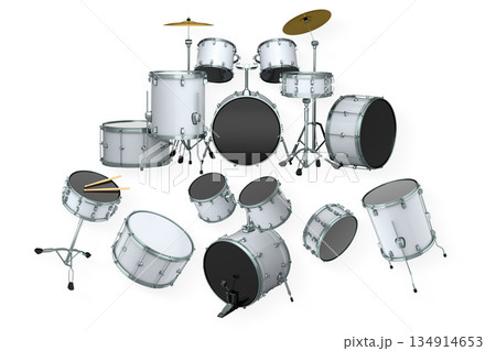 Set of drums and drumset with metal cymbals on white background Set of drums and drumset with metal cymbals on white background 134914653