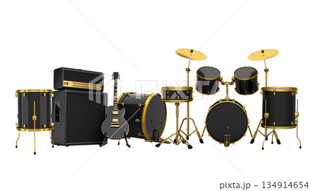 Set of electric acoustic guitars and drums with cymbals on white background 134914654