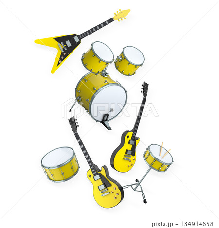 Set of electric acoustic guitars and drums with cymbals on white background Set of electric acoustic guitars and drums with cymbals on white background 134914658