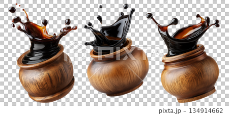 Set of Egyp Molasses black syrup jar splashing from a polished jar, isolated on white background, concept of Arabic Cuisine Set of Egyp Molasses black syrup jar splashing from a polished jar, isolated on white background, concept of Arabic Cuisine 134914662