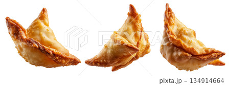Set of Sambousek small crescent baked dumpling with twisted and pinched crust with cheese or meat, isolated on white background Set of Sambousek small crescent baked dumpling with twisted and pinched crust with cheese or meat, isolated on white background 134914664