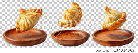 Set of Sambousek small crescent baked dumpling with twisted and pinched crust with cheese or meat, isolated on white background Set of Sambousek small crescent baked dumpling with twisted and pinched crust with cheese or meat, isolated on white background 134914665