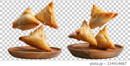 Set of Briouat triangular fruit filled pastries, phyllo pastries filled with meat or almonds on white, Arabic sweet desserts 134914667