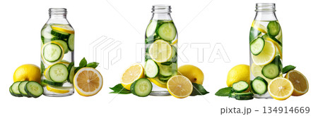 Sliced lemon, cucumber, and mint in glass jar with water splashing, isolated on white transparent background Sliced lemon, cucumber, and mint in glass jar with water splashing, isolated on white transparent background 134914669