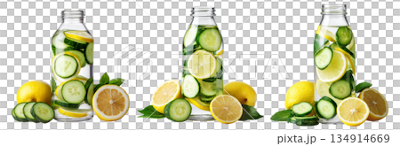 Sliced lemon, cucumber, and mint in glass jar with water splashing, isolated on white transparent background Sliced lemon, cucumber, and mint in glass jar with water splashing, isolated on white transparent background 134914669