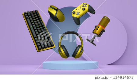 Gaming keyboard, mouse, controllers, mic and headphones floating above podium on abstract pastel background, symbolizing games Gaming keyboard, mouse, controllers, mic and headphones floating above podium on abstract pastel background, symbolizing games 134914673