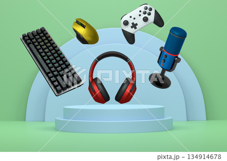 Gaming keyboard, mouse, controllers, mic and headphones floating above podium on abstract pastel background, symbolizing games 134914678