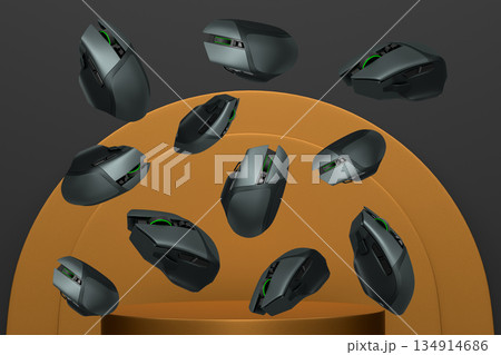 Gaming mice floating in various angles over podium and abstract background, concept of gaming technology Gaming mice floating in various angles over podium and abstract background, concept of gaming technology 134914686
