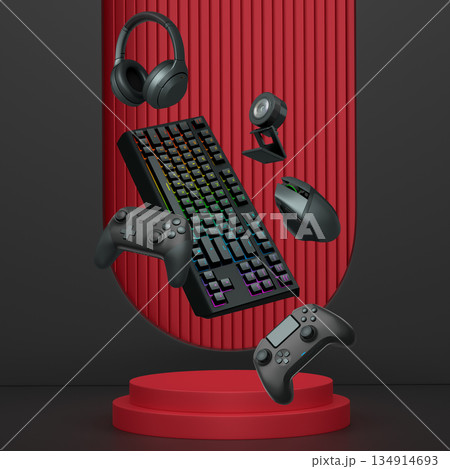 Gaming keyboard, mouse, controllers, web camera and headphones floating above podium on abstract background, symbolizing games Gaming keyboard, mouse, controllers, web camera and headphones floating above podium on abstract background, symbolizing games 134914693