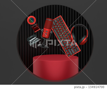 Gaming and streaming accessories including RGB keyboard, headphones, mic, webcam, earbuds floating above podium 134914700