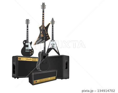 Set of electric acoustic guitars and amplifiers on white background 134914702