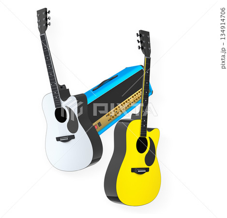 Set of electric acoustic guitars and amplifiers on white background Set of electric acoustic guitars and amplifiers on white background 134914706