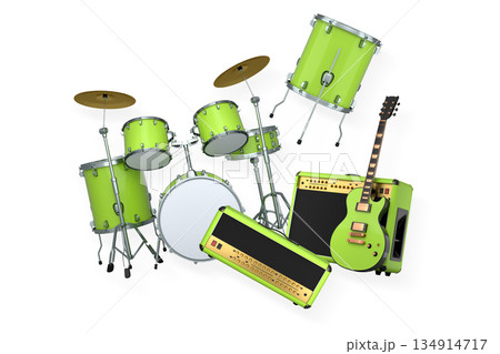Set of electric acoustic guitars and drums with cymbals on white background 134914717