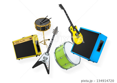 Set of electric acoustic guitars and drums with cymbals on white background Set of electric acoustic guitars and drums with cymbals on white background 134914720
