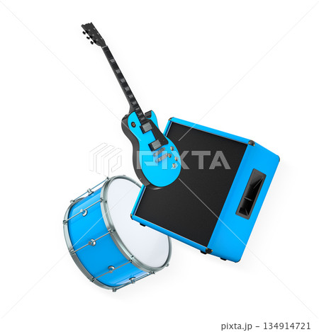 Set of electric acoustic guitars and drums with cymbals on white background 134914721