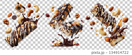 Chocolate coated nut protein energy fitness bar topped with almonds, cashews, walnuts, and chocolate drizzle on white Chocolate coated nut protein energy fitness bar topped with almonds, cashews, walnuts, and chocolate drizzle on white 134914722