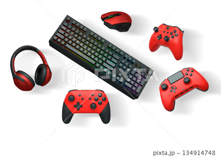 Gaming controllers, mechanical keyboard, mouse, and headset isolated on white background with clipping path Gaming controllers, mechanical keyboard, mouse, and headset isolated on white background with clipping path 134914748