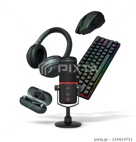 Gaming keyboard, controllers, headset, mouse, and microphone isolated on white background with clipping path. Gaming keyboard, controllers, headset, mouse, and microphone isolated on white background with clipping path. 134914751