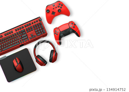 Gaming keyboard, mouse, controller, headset, and smartphone isolated on white background, concept of modern digital gaming gear Gaming keyboard, mouse, controller, headset, and smartphone isolated on white background, concept of modern digital gaming gear 134914752