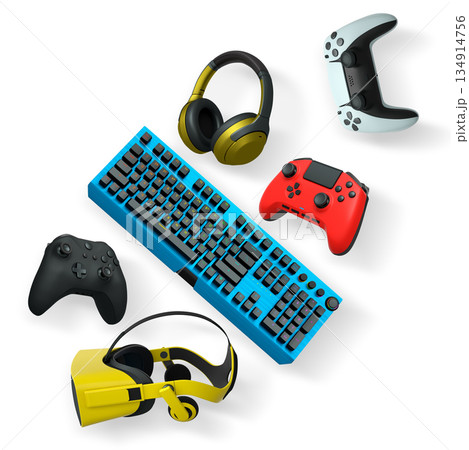 Gaming keyboard with RGB lighting, controllers, VR headset, and headphones isolated on white background with clipping path Gaming keyboard with RGB lighting, controllers, VR headset, and headphones isolated on white background with clipping path 134914756