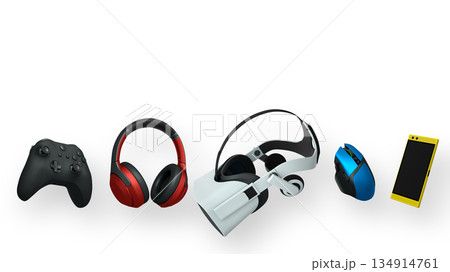 Gaming controller, headphones, VR headset, mouse, and smartphone isolated on white background with clipping path Gaming controller, headphones, VR headset, mouse, and smartphone isolated on white background with clipping path 134914761