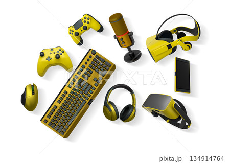 Gaming gear assortment with controllers, keyboard, headset, mouse, and mic isolated on white background with clipping path 134914764