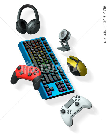 Gaming gear collection including RGB keyboard, controllers, webcam, headphones, and mouse on white background with clipping path 134914766