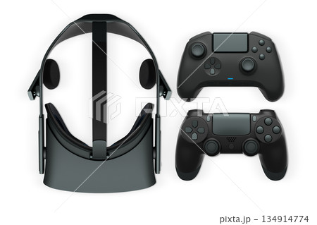Virtual reality headset with gaming controllers, isolated on white background with clipping path, concept of immersive gaming 134914774